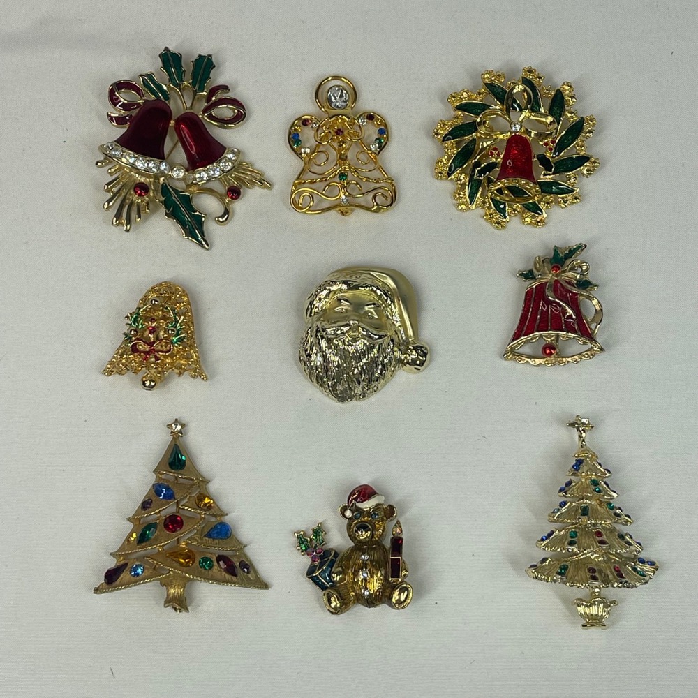 Lot 9 Vintage Christmas Pins Brooches Tree Bells Angel Teddy Enamel Rhinestone
